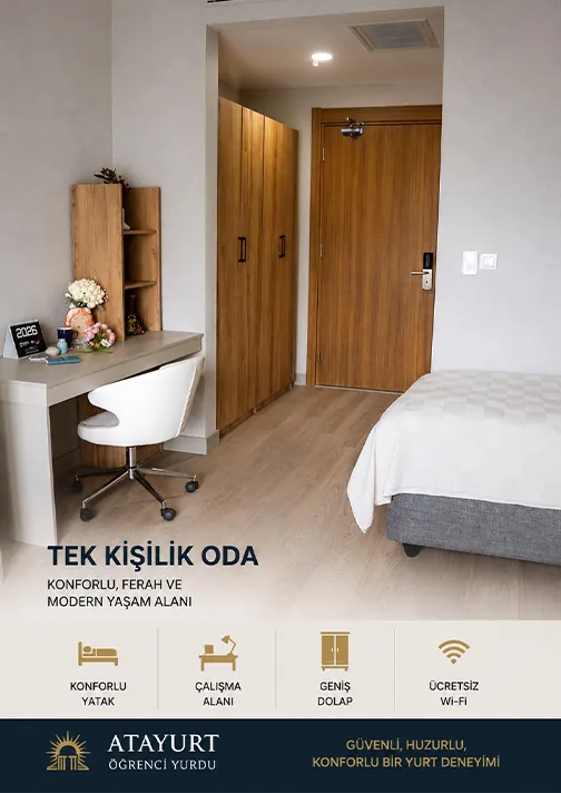 Atayurt Öğrenci Yurdu tek kişilik odası çalışma masası gardırop ve modern yaşam alanı